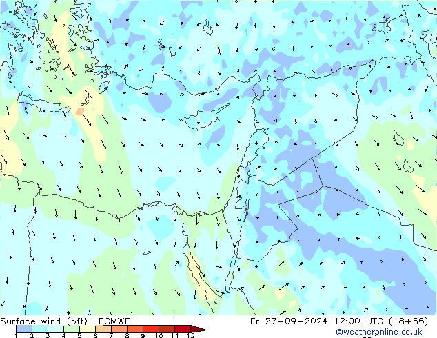 Vento 10 m (bft) ECMWF ven 27.09.2024 12 UTC