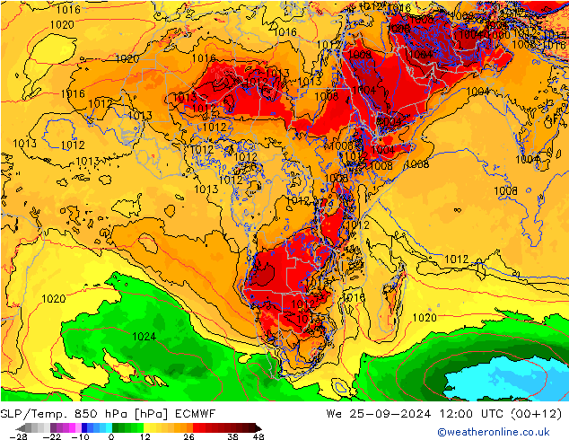 SLP/Temp. 850 гПа ECMWF ср 25.09.2024 12 UTC