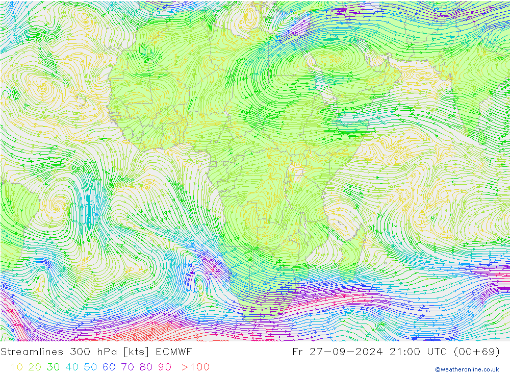 ветер 300 гПа ECMWF пт 27.09.2024 21 UTC