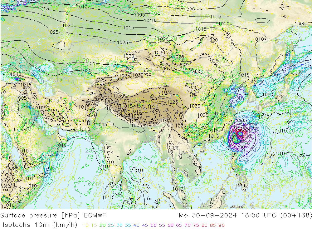 Isotachs (kph) ECMWF Po 30.09.2024 18 UTC