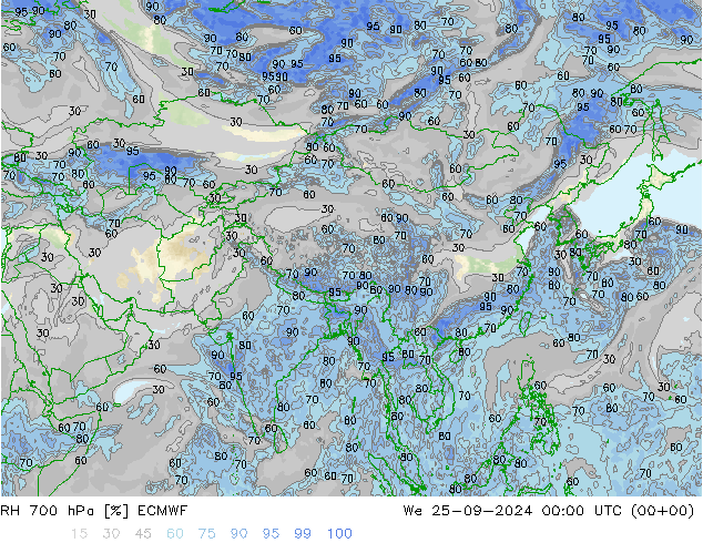 Humedad rel. 700hPa ECMWF mié 25.09.2024 00 UTC