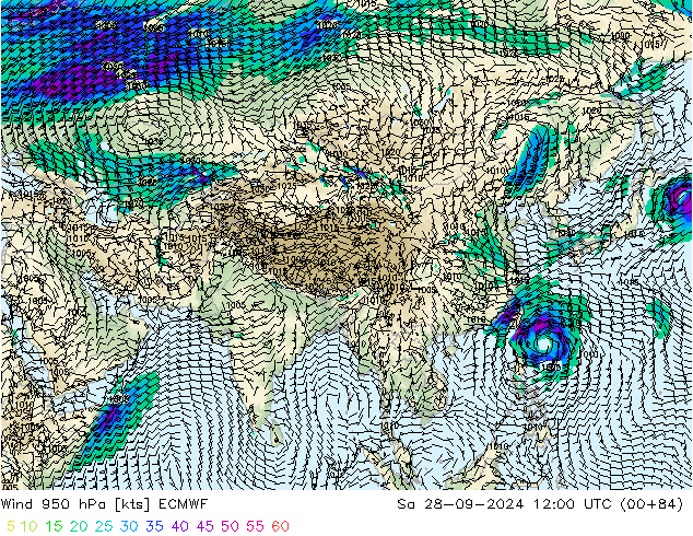 wiatr 950 hPa ECMWF so. 28.09.2024 12 UTC