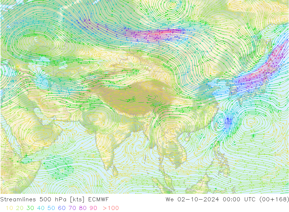 Linia prądu 500 hPa ECMWF śro. 02.10.2024 00 UTC