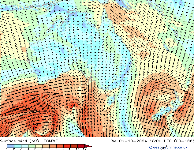 Surface wind (bft) ECMWF We 02.10.2024 18 UTC