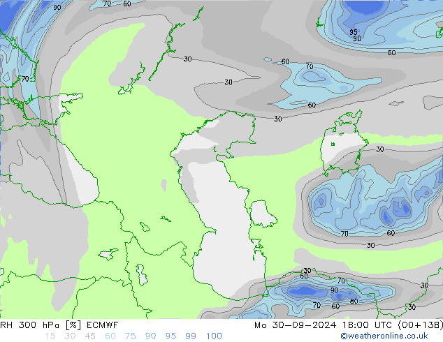 RH 300 hPa ECMWF Mo 30.09.2024 18 UTC