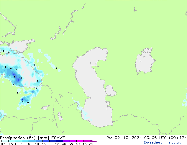 Totale neerslag (6h) ECMWF wo 02.10.2024 06 UTC