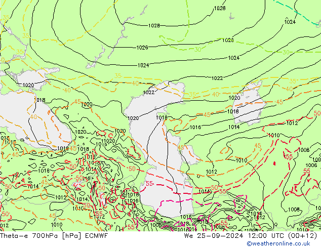 Theta-e 700hPa ECMWF mié 25.09.2024 12 UTC