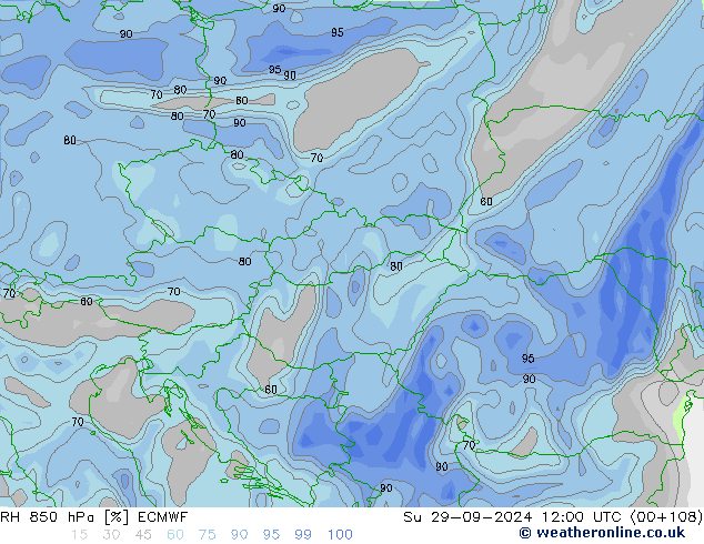 RH 850 гПа ECMWF Вс 29.09.2024 12 UTC