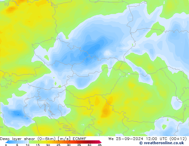 Deep layer shear (0-6km) ECMWF mer 25.09.2024 12 UTC