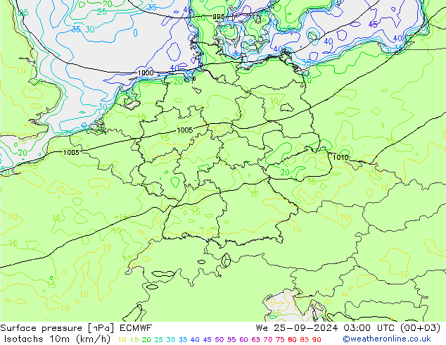 Isotachs (kph) ECMWF We 25.09.2024 03 UTC