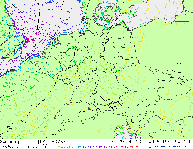 Isotachs (kph) ECMWF lun 30.09.2024 06 UTC