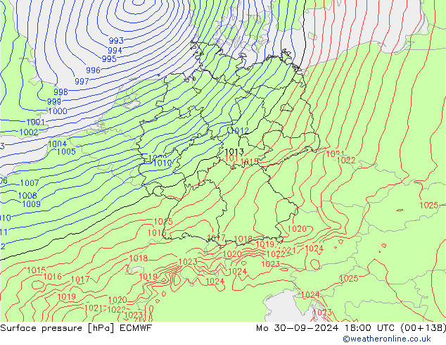 Surface pressure ECMWF Mo 30.09.2024 18 UTC