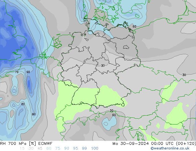 RH 700 hPa ECMWF Mo 30.09.2024 00 UTC