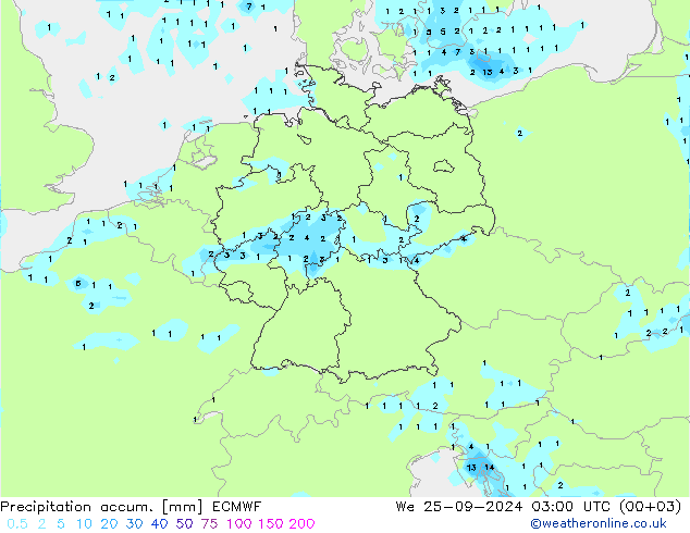 Precipitación acum. ECMWF mié 25.09.2024 03 UTC