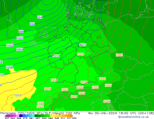 Thck 700-1000 hPa ECMWF pon. 30.09.2024 18 UTC