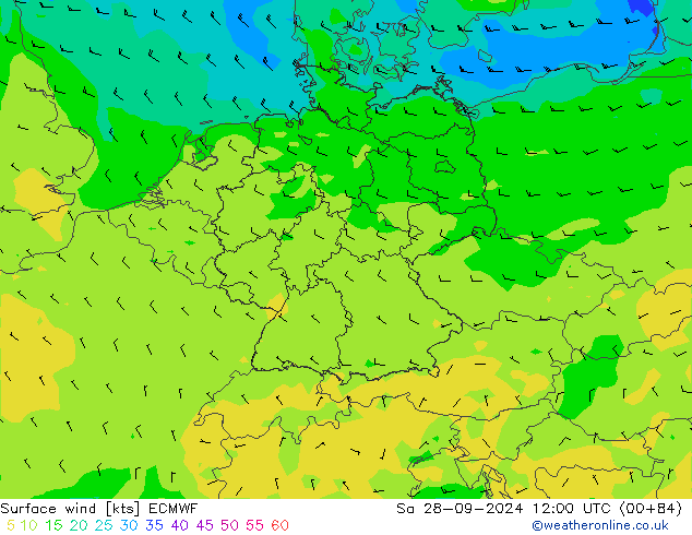 Wind 10 m ECMWF za 28.09.2024 12 UTC