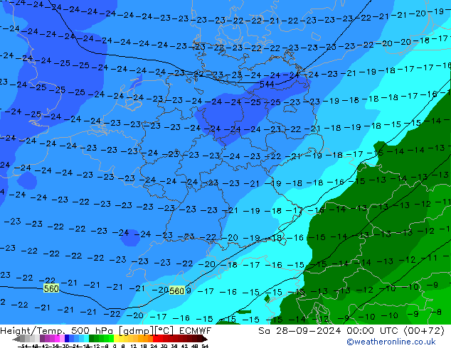 Z500/Yağmur (+YB)/Z850 ECMWF Cts 28.09.2024 00 UTC