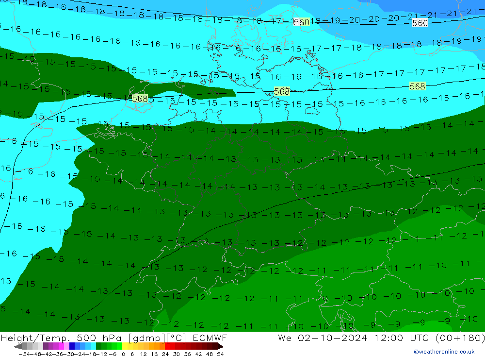 Height/Temp. 500 hPa ECMWF We 02.10.2024 12 UTC