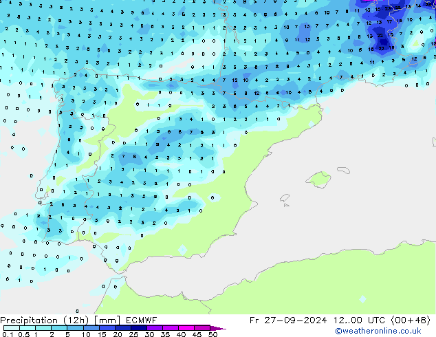 осадки (12h) ECMWF пт 27.09.2024 00 UTC