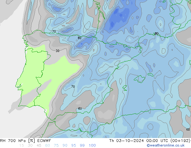 Humedad rel. 700hPa ECMWF jue 03.10.2024 00 UTC