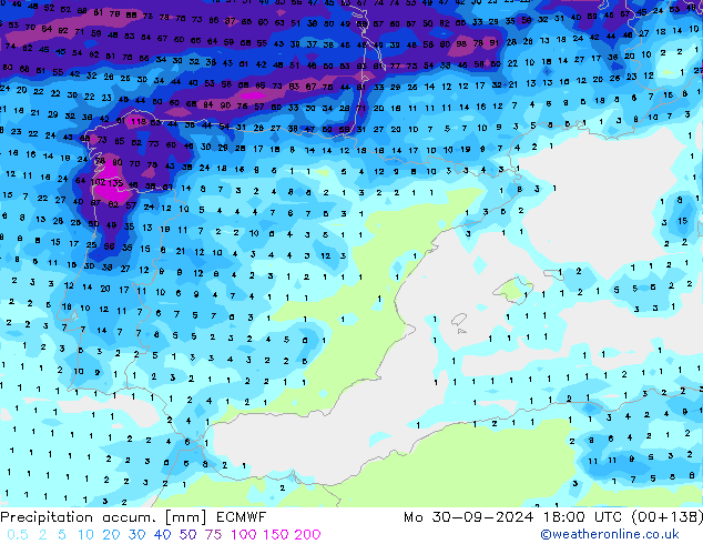 Precipitation accum. ECMWF Mo 30.09.2024 18 UTC