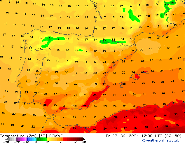 Temperatura (2m) ECMWF vie 27.09.2024 12 UTC