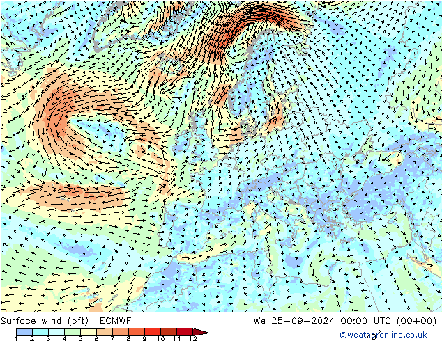 Surface wind (bft) ECMWF We 25.09.2024 00 UTC