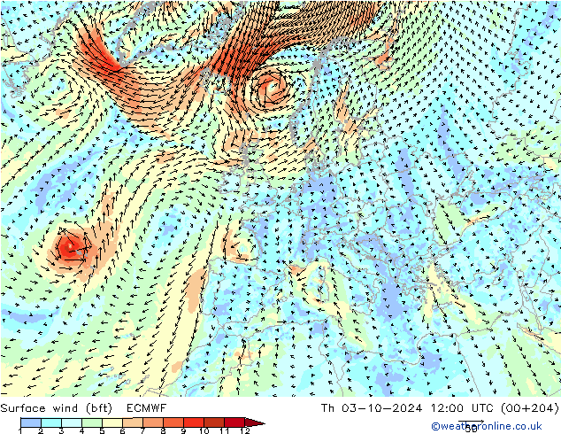 Viento 10 m (bft) ECMWF jue 03.10.2024 12 UTC