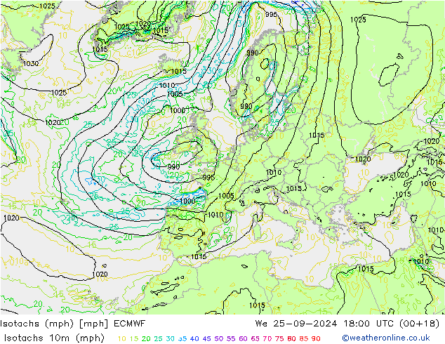 Eşrüzgar Hızları mph ECMWF Çar 25.09.2024 18 UTC