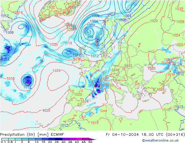 Z500/Rain (+SLP)/Z850 ECMWF vie 04.10.2024 00 UTC