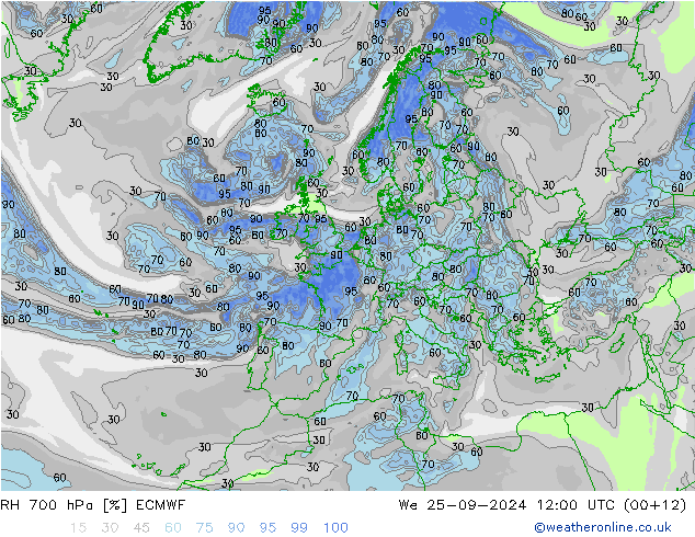 RH 700 гПа ECMWF ср 25.09.2024 12 UTC