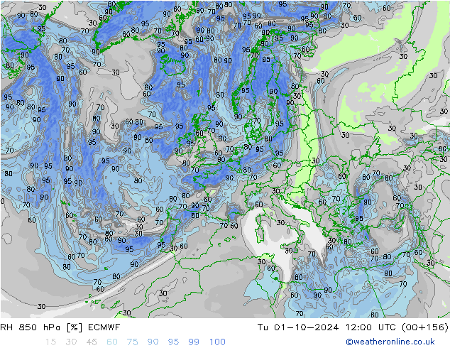 RH 850 гПа ECMWF вт 01.10.2024 12 UTC