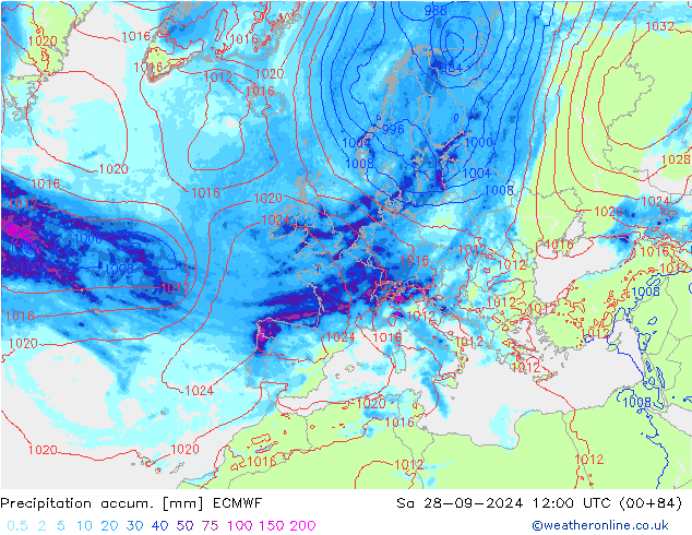 Precipitation accum. ECMWF sab 28.09.2024 12 UTC