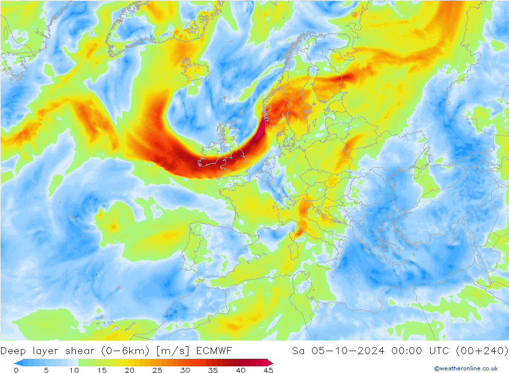 Deep layer shear (0-6km) ECMWF Sa 05.10.2024 00 UTC