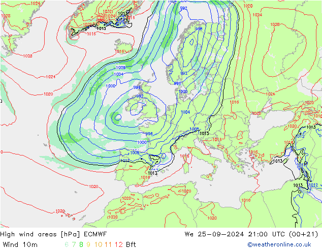 High wind areas ECMWF We 25.09.2024 21 UTC