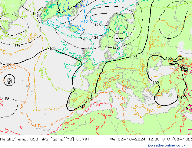 Géop./Temp. 850 hPa ECMWF mer 02.10.2024 12 UTC