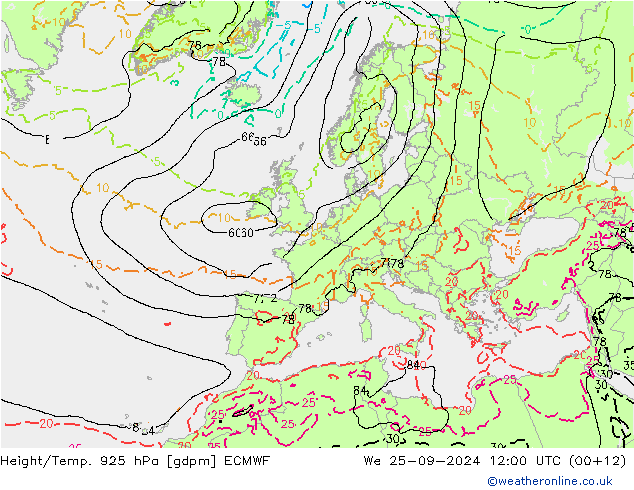 Height/Temp. 925 hPa ECMWF mer 25.09.2024 12 UTC