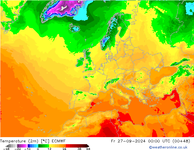 Temperatuurkaart (2m) ECMWF vr 27.09.2024 00 UTC