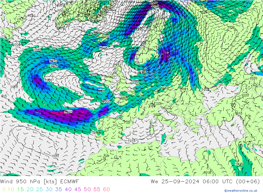 Viento 950 hPa ECMWF mié 25.09.2024 06 UTC