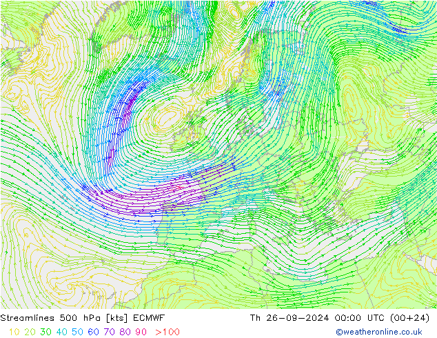 Linea di flusso 500 hPa ECMWF gio 26.09.2024 00 UTC