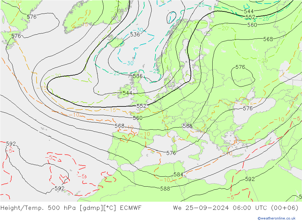 Z500/Rain (+SLP)/Z850 ECMWF mer 25.09.2024 06 UTC