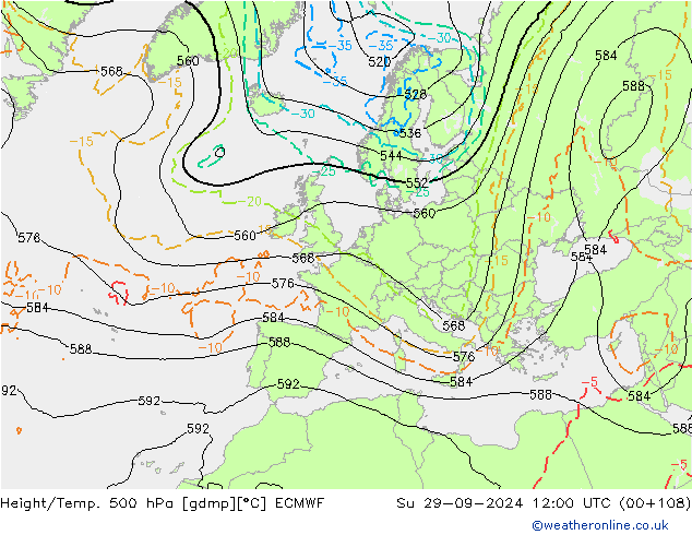 Z500/Regen(+SLP)/Z850 ECMWF zo 29.09.2024 12 UTC