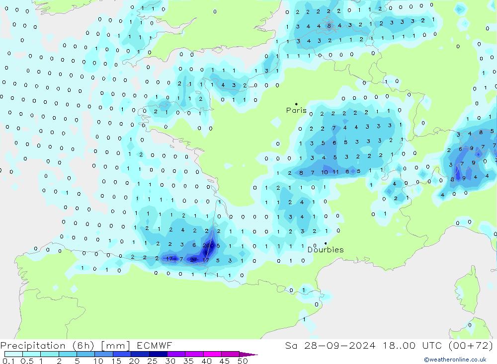 Totale neerslag (6h) ECMWF za 28.09.2024 00 UTC