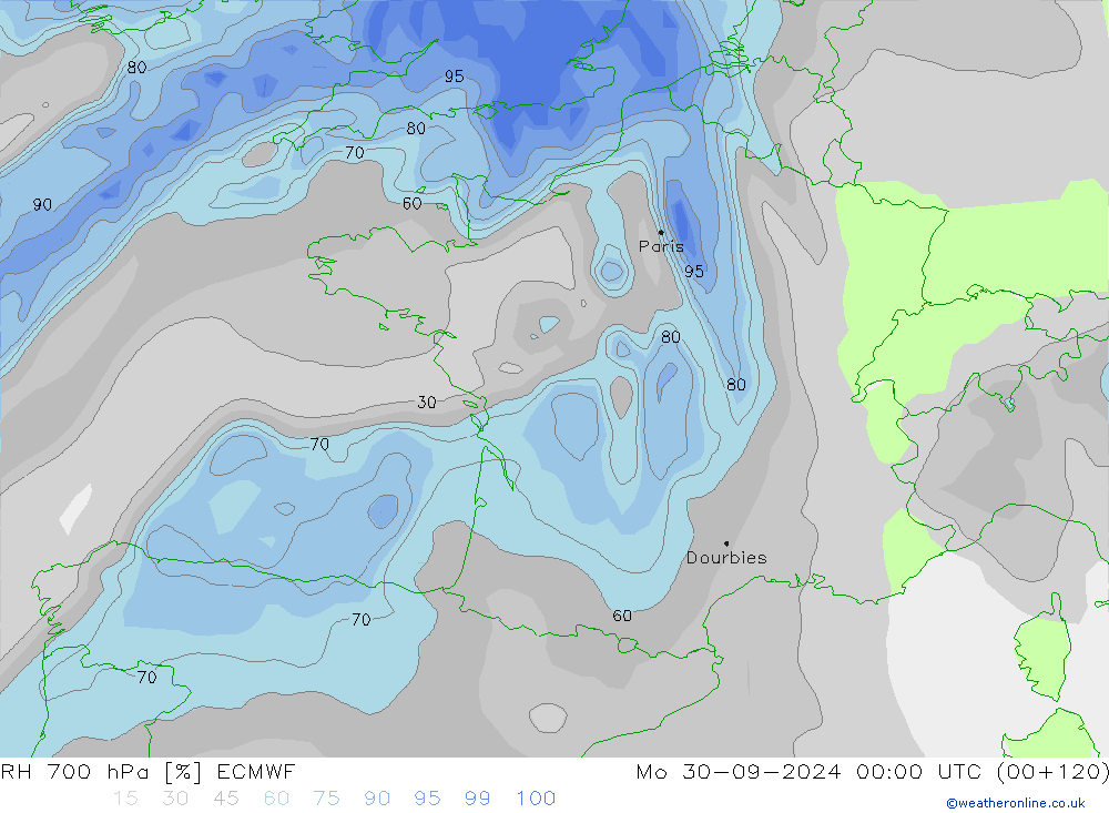 RH 700 hPa ECMWF lun 30.09.2024 00 UTC