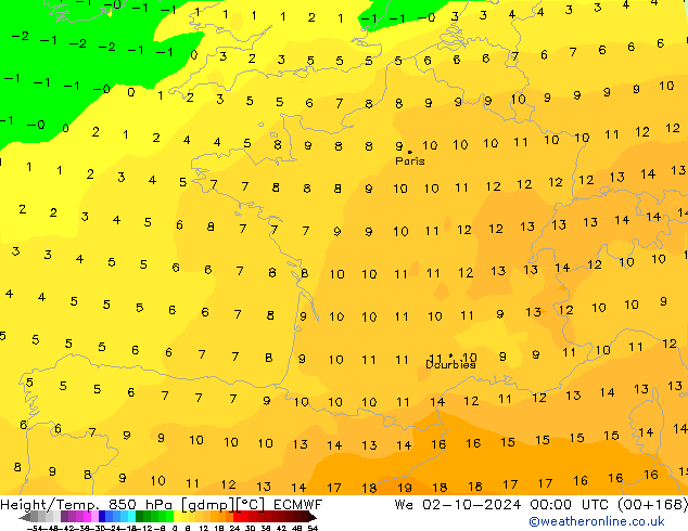 Height/Temp. 850 hPa ECMWF We 02.10.2024 00 UTC