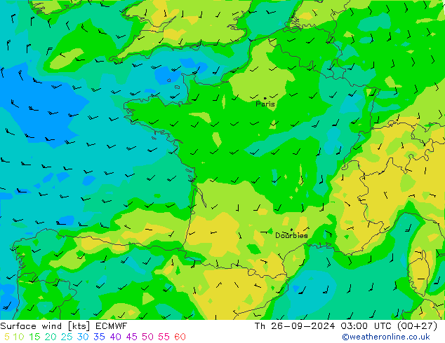 ветер 10 m ECMWF чт 26.09.2024 03 UTC