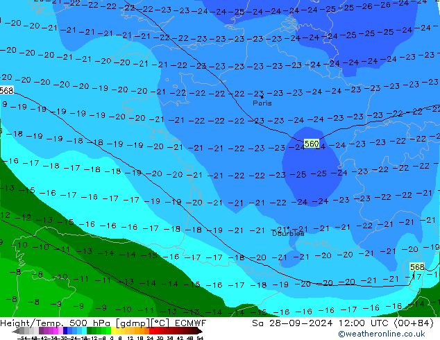 Height/Temp. 500 гПа ECMWF сб 28.09.2024 12 UTC