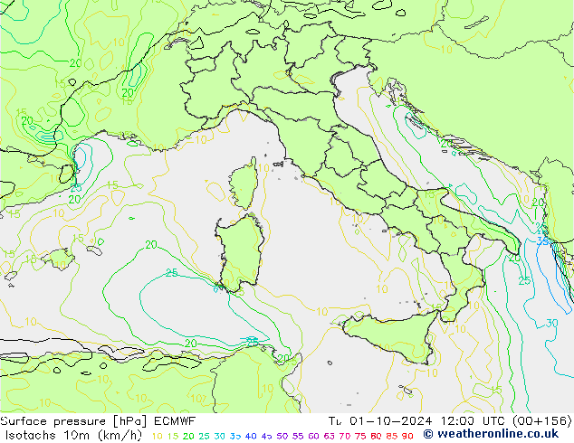 Isotachs (kph) ECMWF mar 01.10.2024 12 UTC