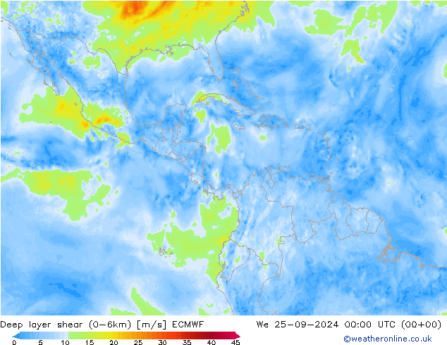 Deep layer shear (0-6km) ECMWF We 25.09.2024 00 UTC