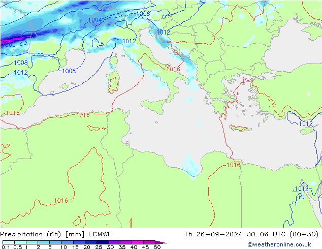 Z500/Rain (+SLP)/Z850 ECMWF Čt 26.09.2024 06 UTC